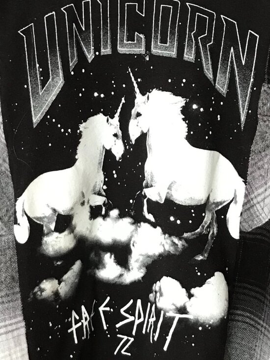 Upcycled Girls Unicorn Flannel Shirt: Reworked Graphic Tee Black White Size 8-12 - Picture 3 of 11